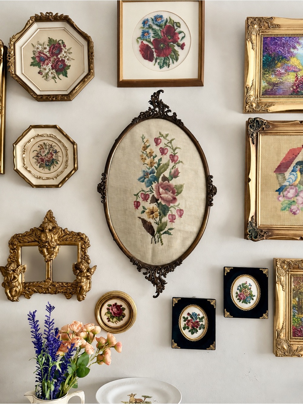Antique Victorian Era Oval Needlepoint Under Bubble Glass Frame
